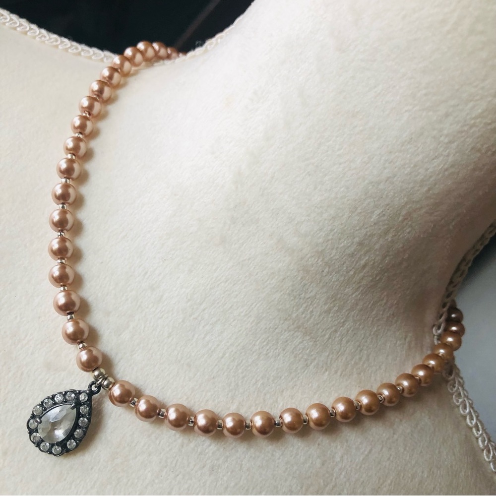 Handcrafted repurpose teardrop halo pendant Czech glass Pearl necklace